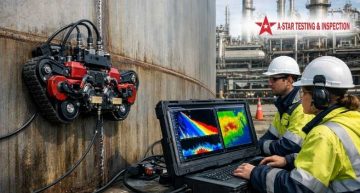 Robotic crawler performing PAUT corrosion mapping and weld inspection on industrial storage tank surface.