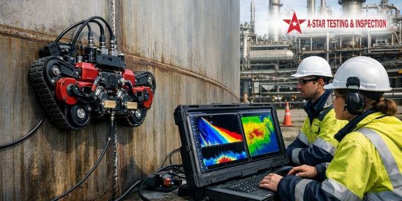 Robotic crawler performing PAUT corrosion mapping and weld inspection on industrial storage tank surface.