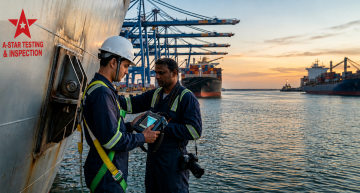 **Alt Text:** Marine & offshore inspection professionals conducting ship safety inspection at a commercial port during sunset to ensure compliance, risk prevention, and operational safety.
