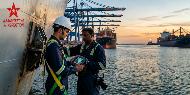 **Alt Text:** Marine & offshore inspection professionals conducting ship safety inspection at a commercial port during sunset to ensure compliance, risk prevention, and operational safety.