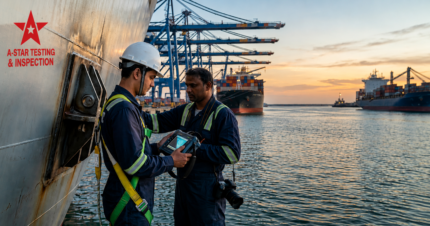 **Alt Text:** Marine & offshore inspection professionals conducting ship safety inspection at a commercial port during sunset to ensure compliance, risk prevention, and operational safety.